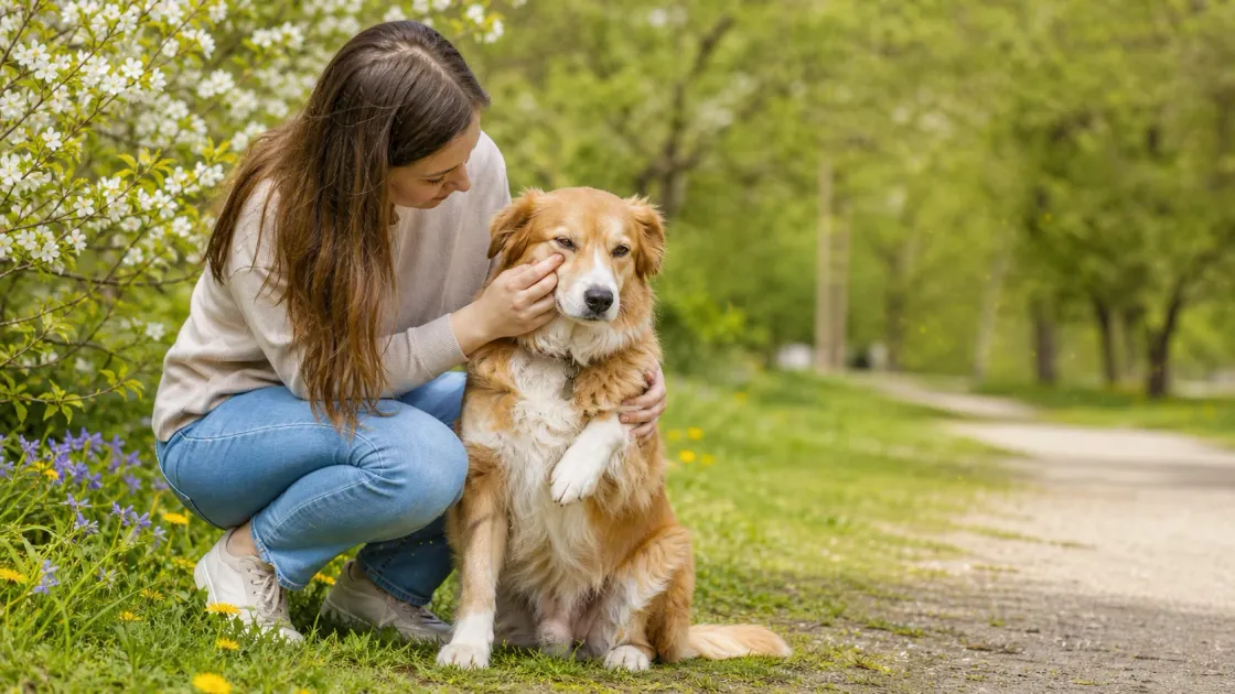 Tutora revisando suavemente la cara de su perro en un parque con flores de primavera