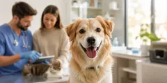 Veterinaria revisando la piel de un perro durante una consulta