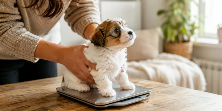 Small puppy on a digital scale next to a record notebook