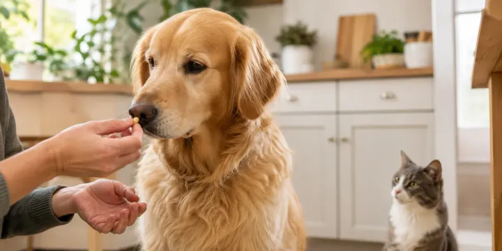 Owner giving her dog a treat with a hidden pill while her cat watches in the kitchen