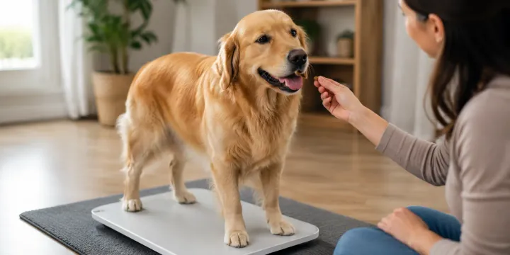 Person calmly weighing a large dog at home