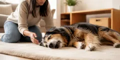 Person schützt Hund während eines tiermedizinischen Notfalls