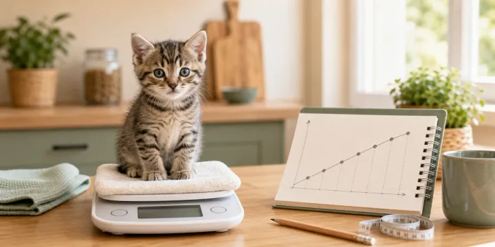 Kitten on a home scale next to a tracking notebook