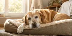 Perro mayor descansando mientras su dueño consulta la app Dogtorcito
