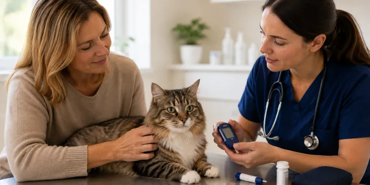 Calm adult cat at a veterinary checkup for weight, glucose and diabetes monitoring