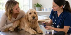 Perro adulto en una revisión veterinaria para controlar peso, glucosa y enfermedad crónica