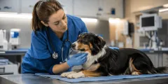 Dueño llevando a su perro de urgencia al veterinario con la app Dogtorcito en mano