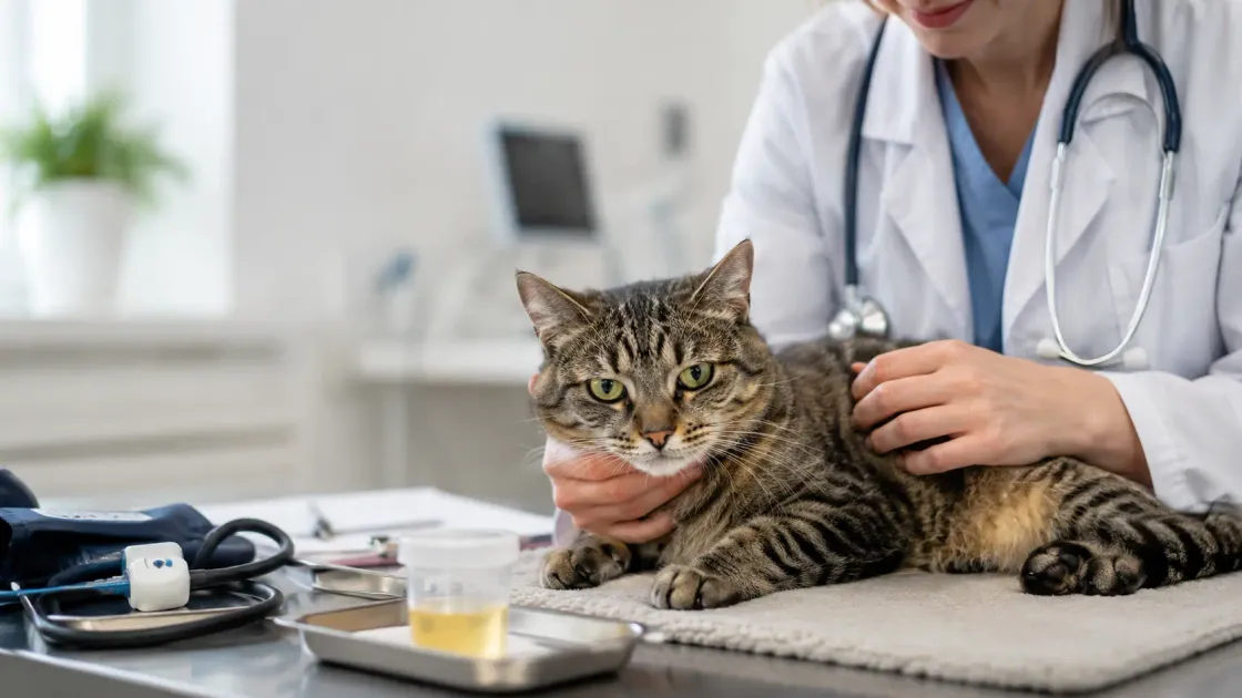 Senior cat at a veterinary kidney checkup