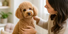 Attentive adult Poodle beside its owner at home
