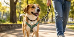 Chien en promenade avec un harnais et une médaille d'identification près de son maître