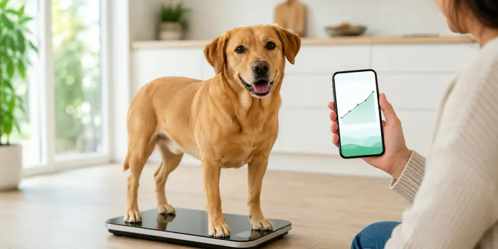 Owner weighing their adult dog at home on a scale