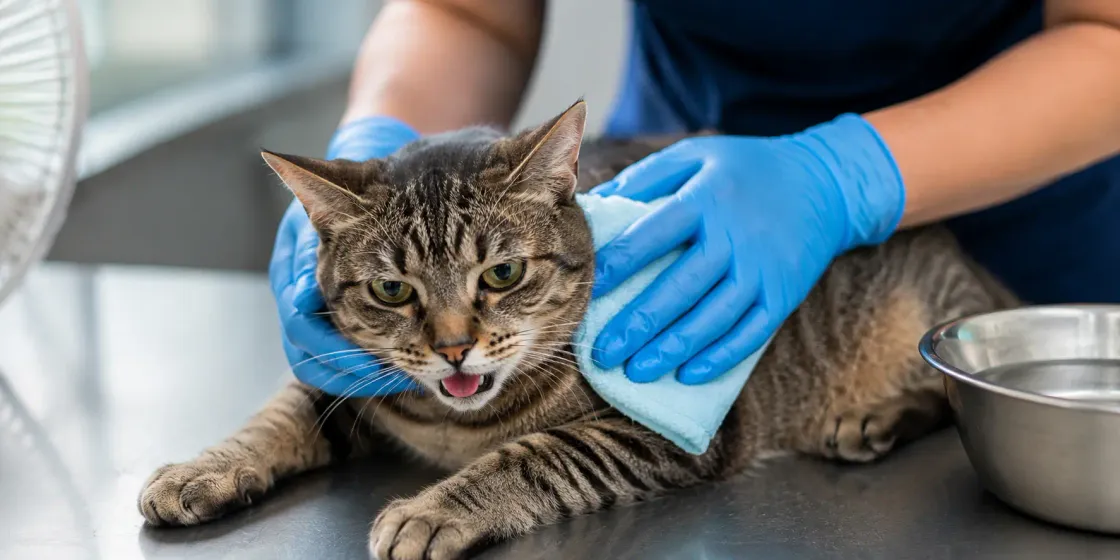 Gato recibiendo atención veterinaria tras un golpe de calor