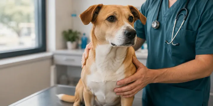Veterinaria revisando a un perro adulto antes de vacunarlo por primera vez