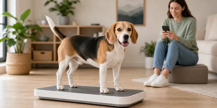 Adult Beagle on a scale while its owner logs the weight on a phone