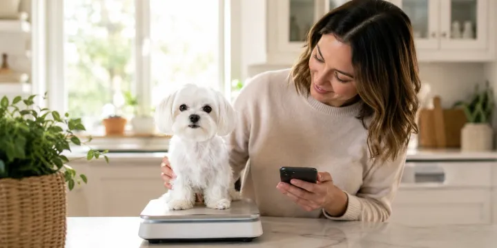 Maltese on a kitchen scale while its owner logs the weight on a phone