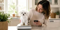 Maltese on a kitchen scale while its owner logs the weight on a phone