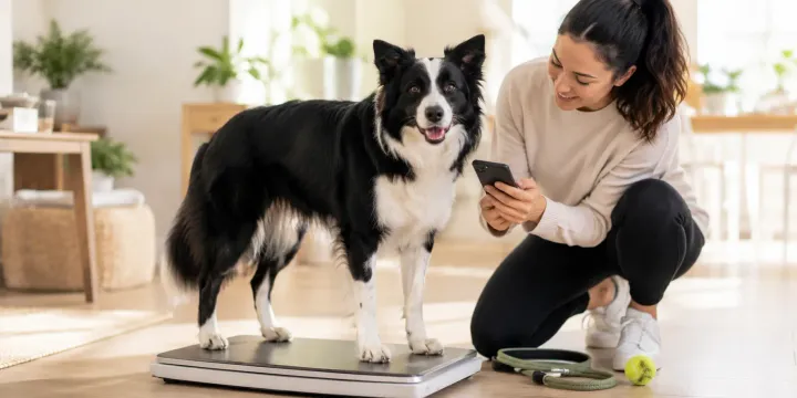 Alert Border Collie on a scale while its owner logs the weight on a phone