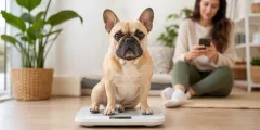 Adult French Bulldog on a scale while the owner records the weight on a phone
