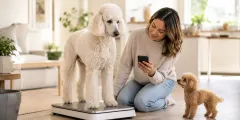 Adult Poodle on a scale while its owner logs the weight on a phone