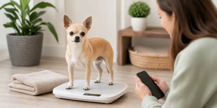 Adult Chihuahua on a small scale while the owner records the weight on a phone