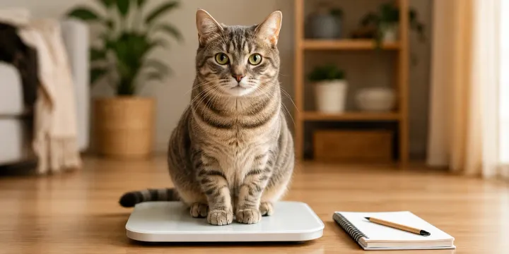Adult cat on a home scale with a weight tracking notebook