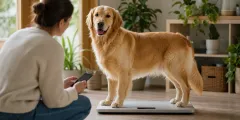Adult Golden Retriever on a scale while the owner records the weight on a phone