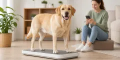 Adult Labrador Retriever on a scale while the owner records the weight on a phone