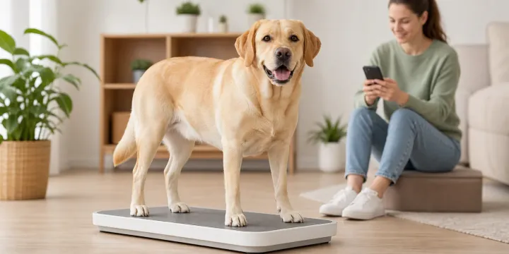Adult Labrador Retriever on a scale while the owner records the weight on a phone