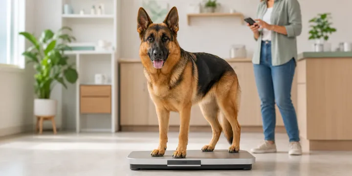 Adult German Shepherd on a scale while the owner records the weight on a phone