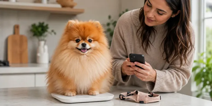 Fluffy Pomeranian on a kitchen scale while its owner logs the weight on a phone