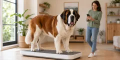 Saint-Bernard adulte sur une balance pendant que son maître note le poids sur son téléphone