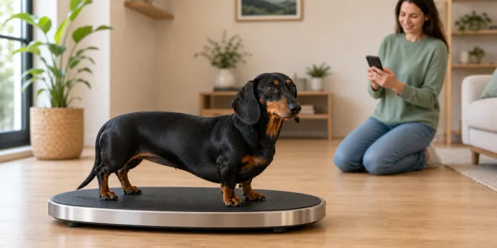 Adult Dachshund on a scale while its owner logs the weight on a phone