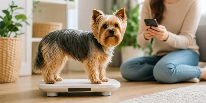 Adult Yorkshire Terrier on a small scale while the owner records the weight on a phone