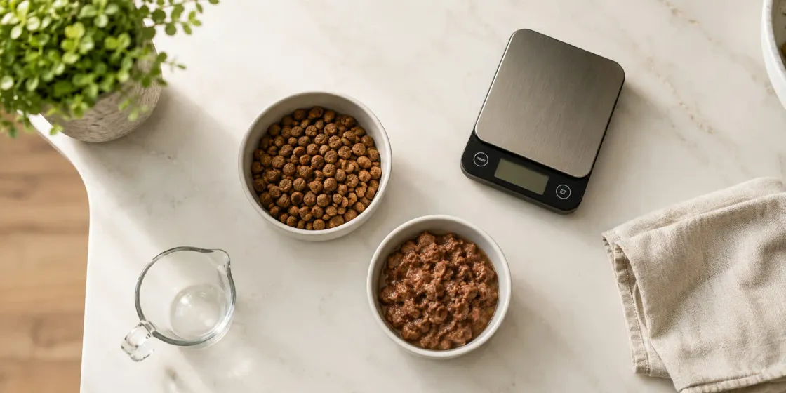 Dog food bowl next to a scale and a happy dog