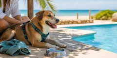Chien se reposant à l'ombre près d'une piscine avec de l'eau fraîche et une serviette