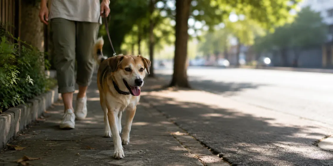 Chien marchant dans une zone ombragée pour éviter le bitume chaud