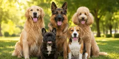 Collage verschiedener Hunderassen mit dem Dogtorcito-Logo