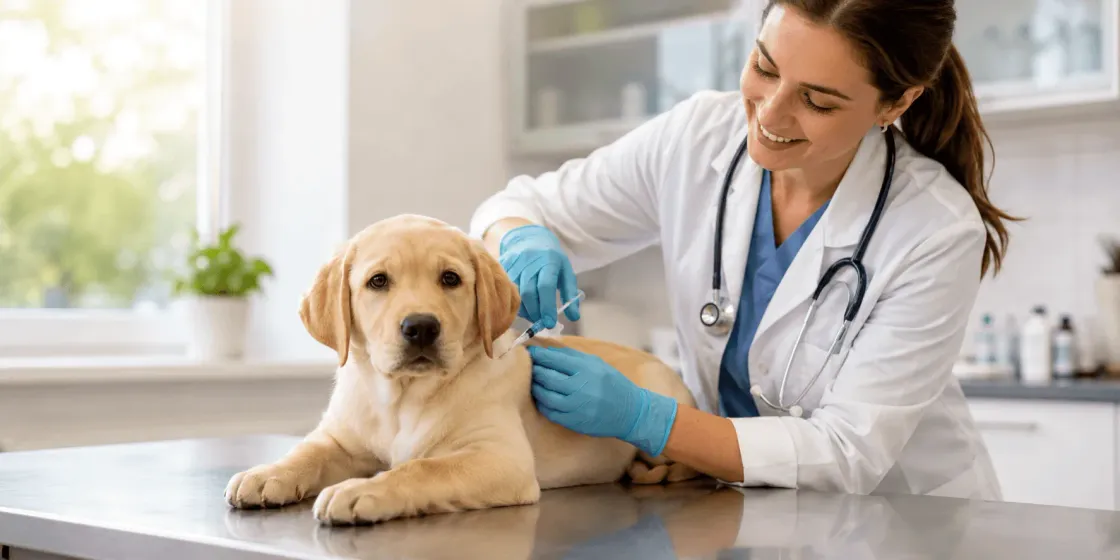 Vétérinaire vaccinant un chien pendant que le propriétaire consulte l'app Dogtorcito