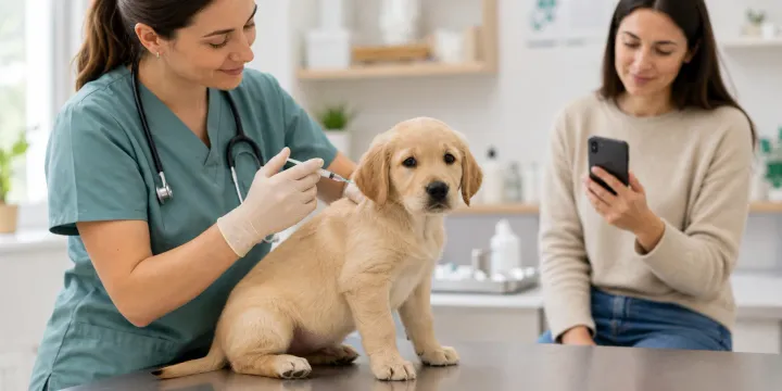 Vet vaccinating a puppy while the owner checks the vaccination record in the Dogtorcito app