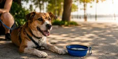 Chien se reposant à l'ombre par temps chaud avec de l'eau à proximité