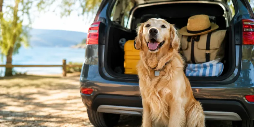 Calm dog in the car, ready for a summer trip with the family